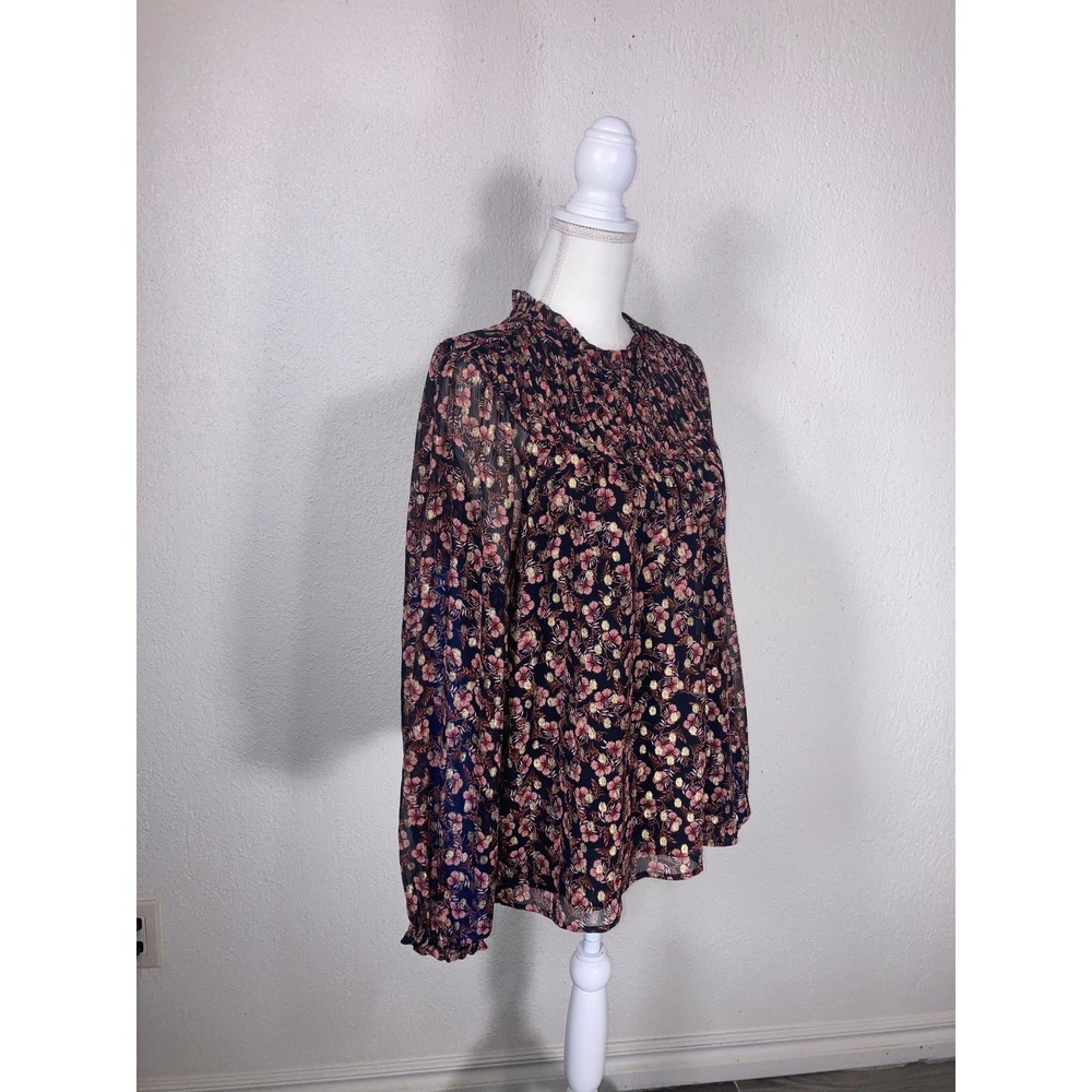 LOFT Dark Floral High Neck Blouse XL Black Pink Gold Metallic Sheer Long Sleeve